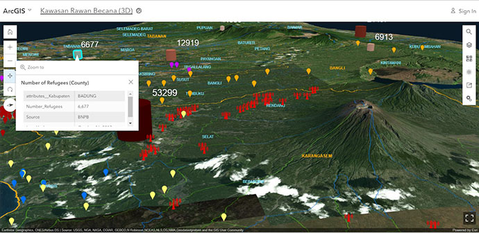 3D view of the danger zone areas and refugee points