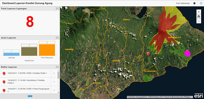 Dashboard Monitoring Report that provides information on the condition of Mount Agung, and locations of public amnerties and refugee points