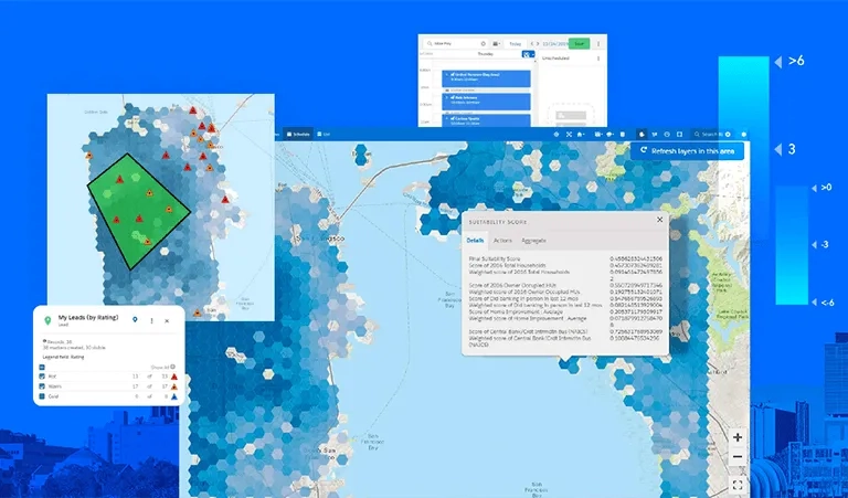 Spatial analytic pop-up windows on a city backdrop